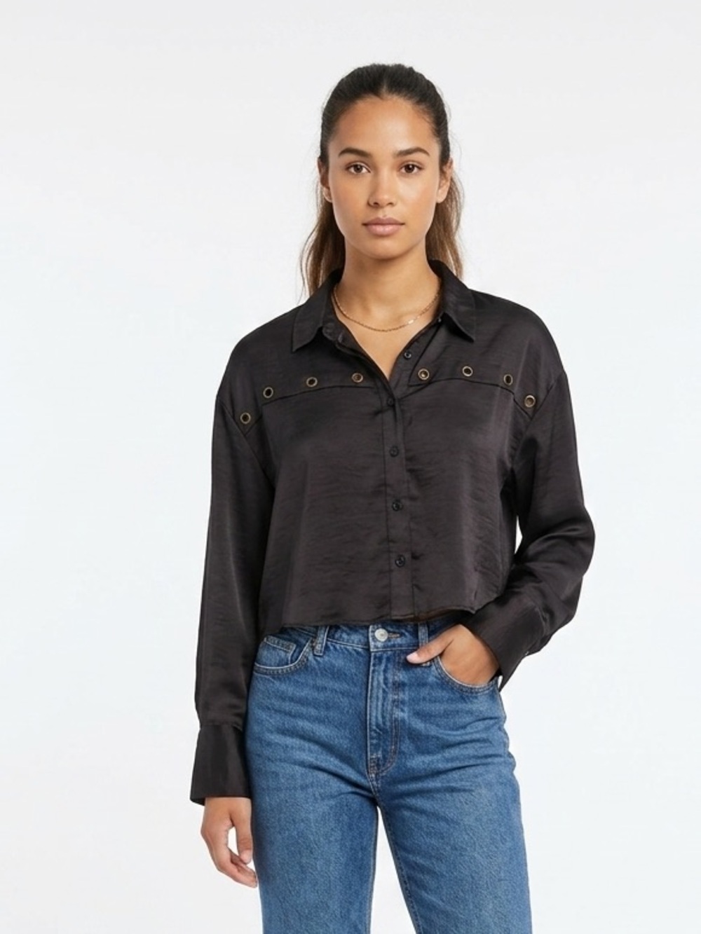 House of Harlow 1960 Satin Cropped Blouse Grommet Detail Edgy Rock Goth Size XL